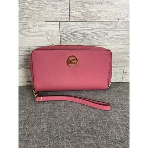 MICHAEL KORS WALLET Wristlet Jet Set Pink Leather Zip Around Card Hold Designer